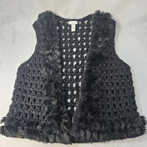 CHICOS Sz 1 Knit Black Vest Faux Fur Trim Crotchet Boho Retro